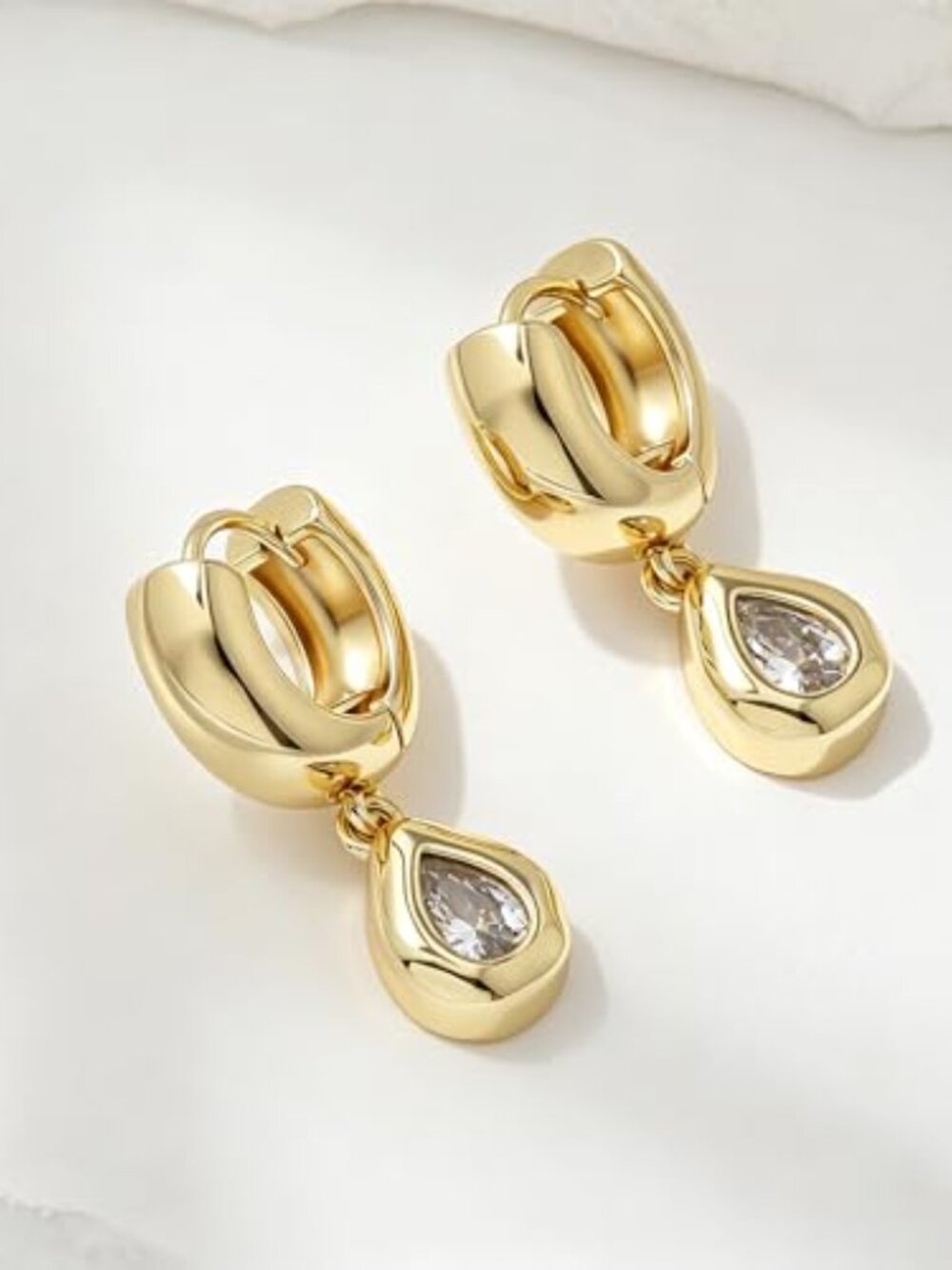 Chunky Statement Gold Dangle Ears Women Bezel Cubic Zirconia 14K Gold